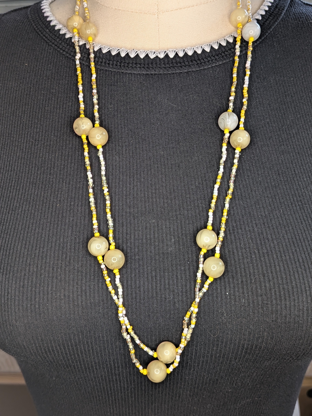 Boho Yellow Cream Swirl Glass Bead Long Layered Seed Bead Necklace